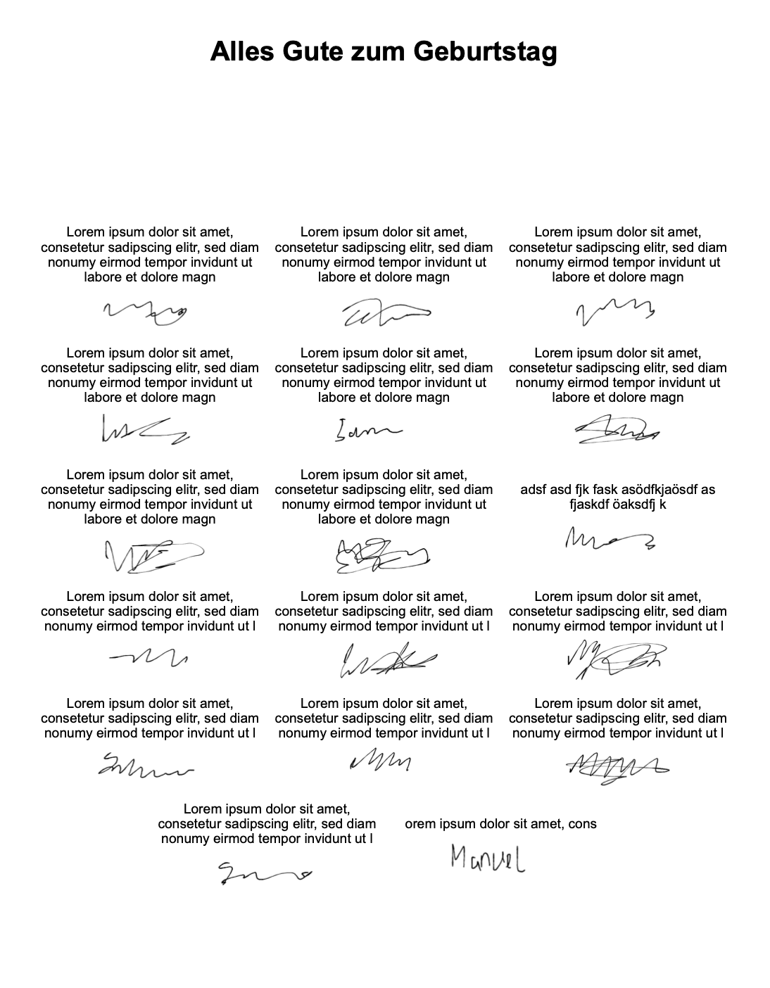 Beispiel einer ausgedruckten Glückwunschkarte mit mehreren handschriftlichen Unterschriften